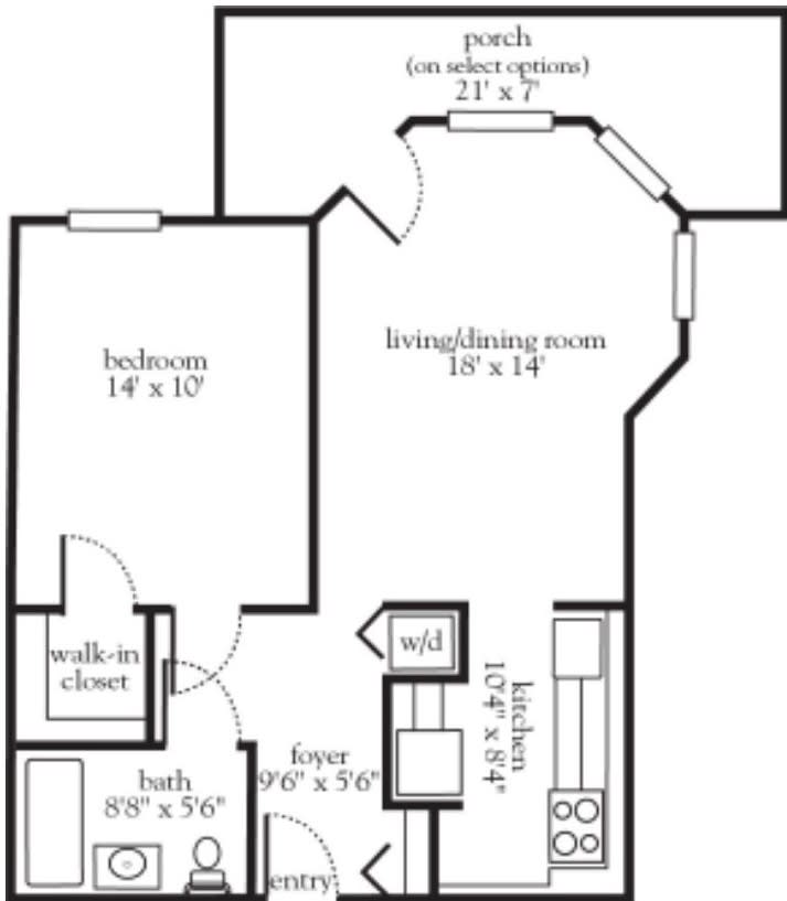 A detailed floor plan of an apartment, featuring a bedroom, bathroom, living/dining room, and kitchen.