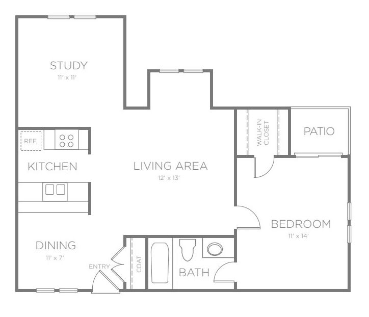 A detailed floor plan of an apartment featuring a study, kitchen, living area, dining area, bedroom, bath, and patio.