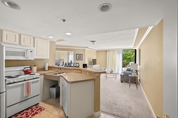 A modern open-concept apartment with a kitchen and living room.