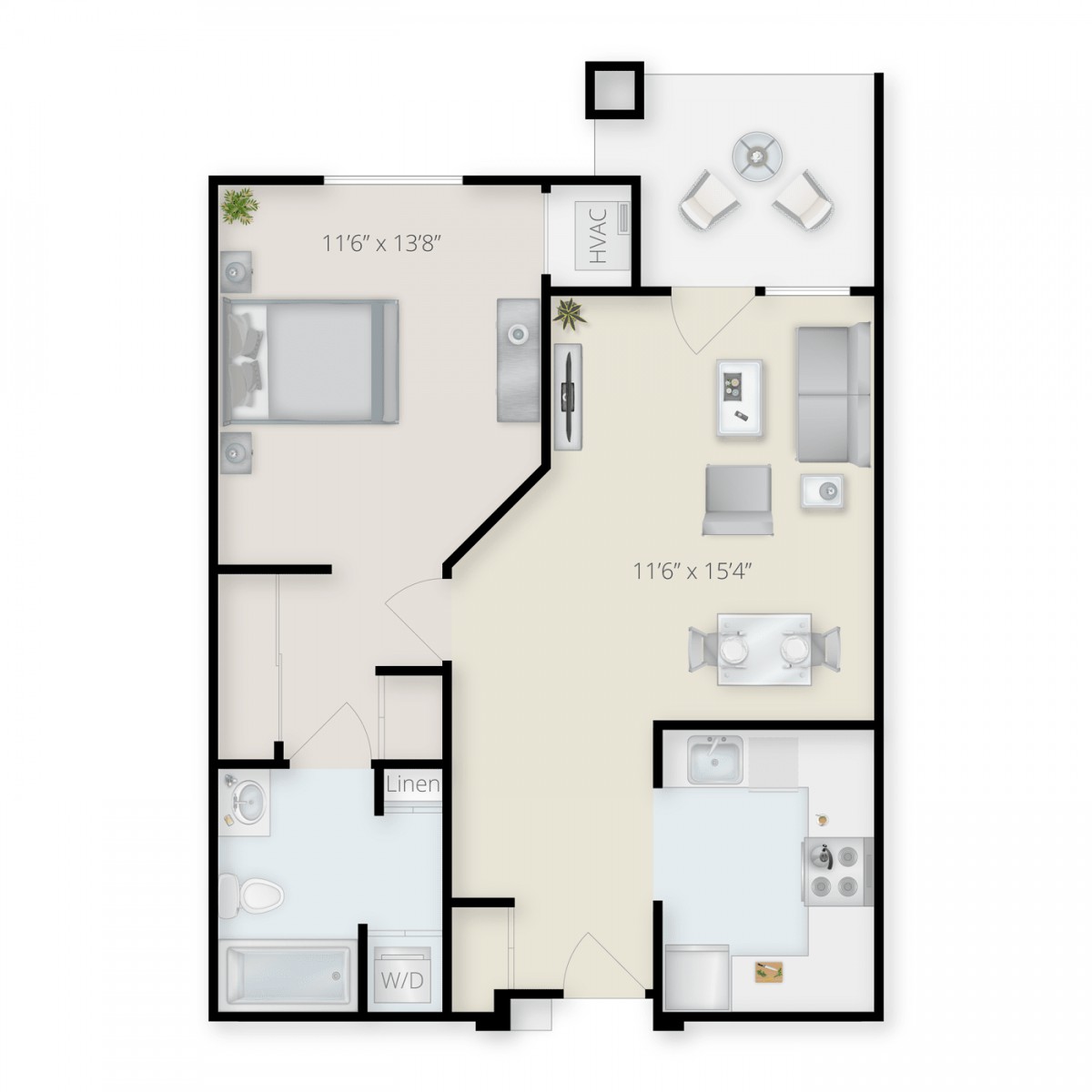 A floor plan of a one-bedroom apartment with an open living area and kitchen.