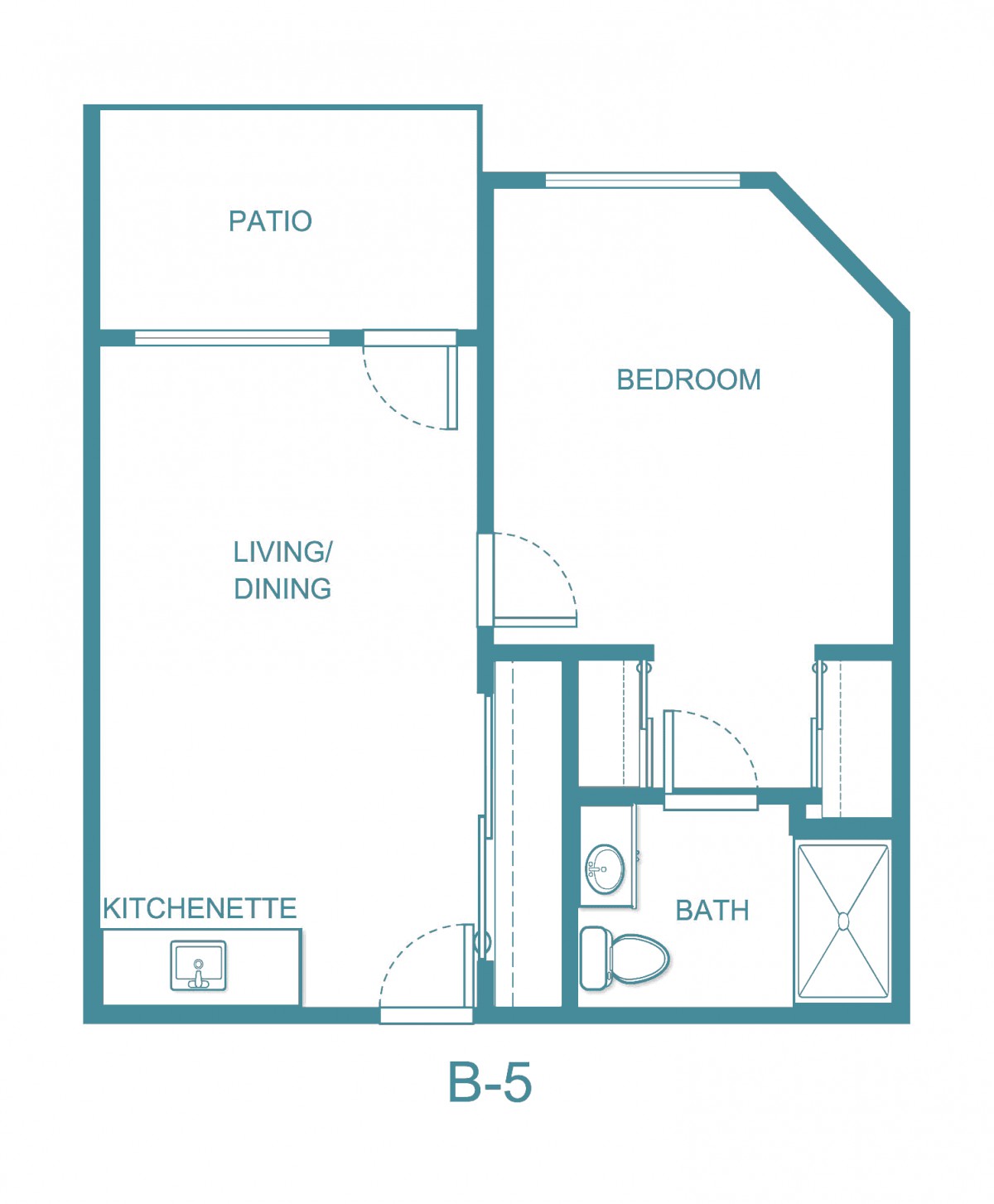 One-bedroom apartment floor plan with a living/dining area, kitchenette, bathroom, bedroom, and patio.