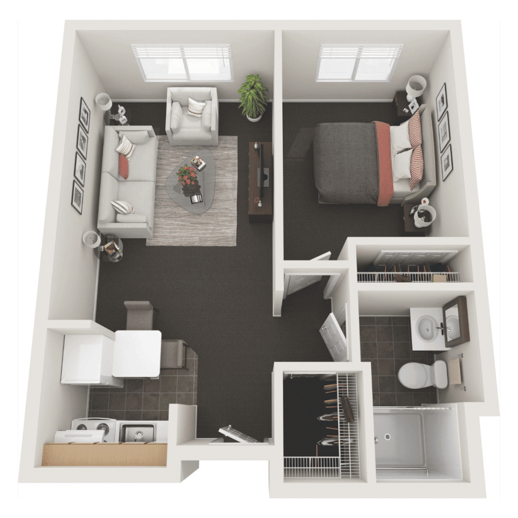 A 3D floor plan of a 1-bedroom apartment, featuring a living room, kitchen, bathroom, and bedroom.