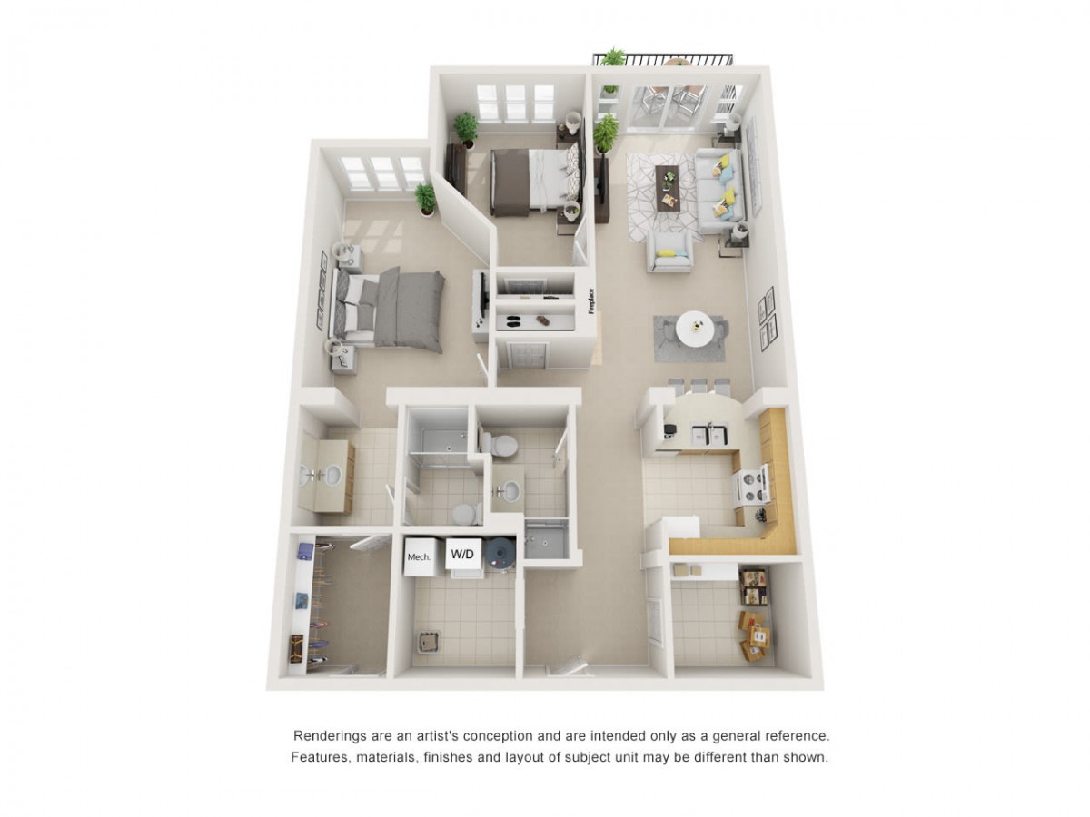 A 3D floor plan of a two-bedroom apartment showcasing an open living area, kitchen, and two bathrooms.