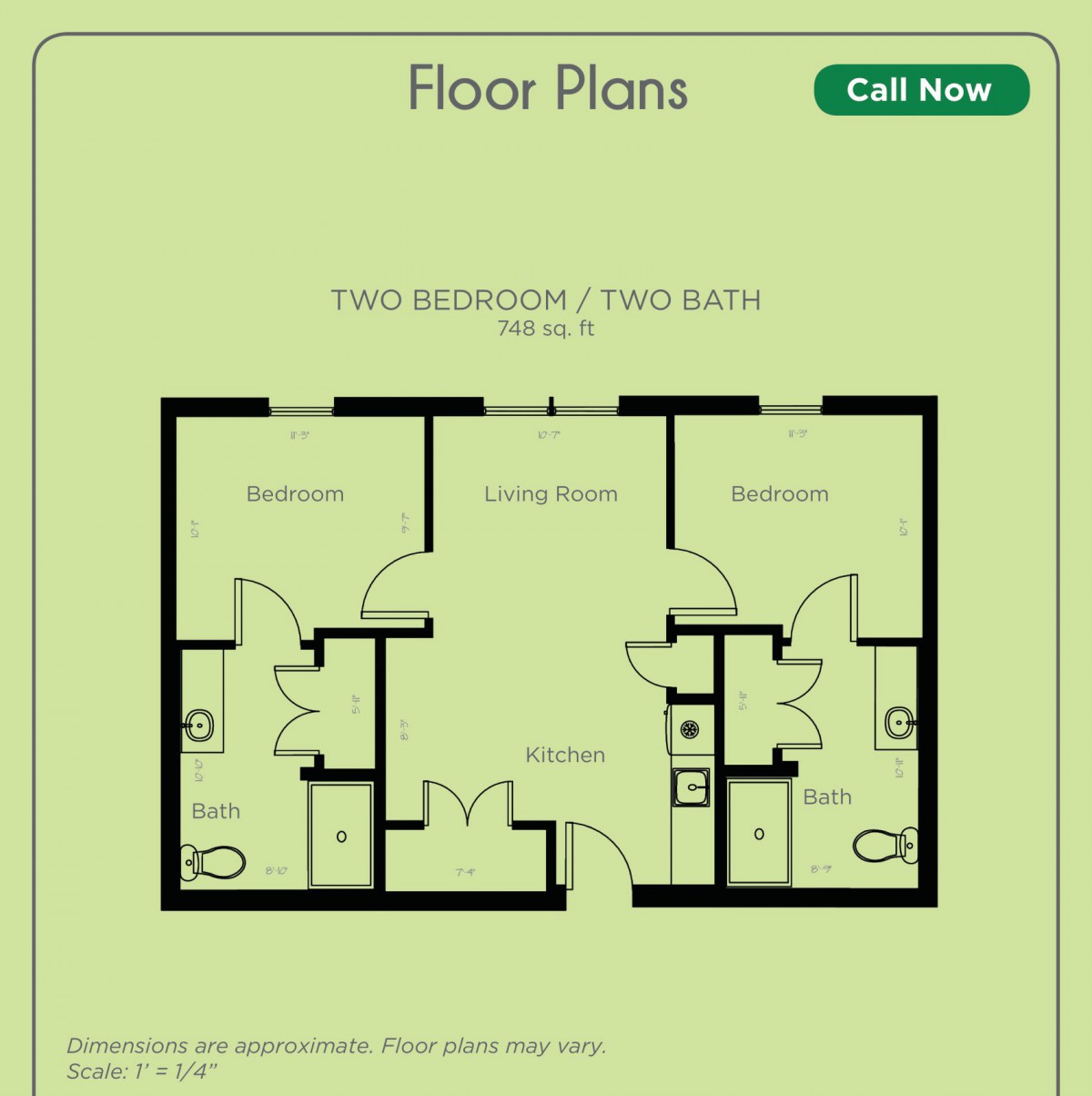 Floor plan of a two-bedroom, two-bathroom apartment layout.