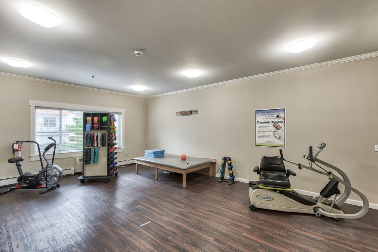 A therapy room equipped with exercise and rehabilitation equipment.