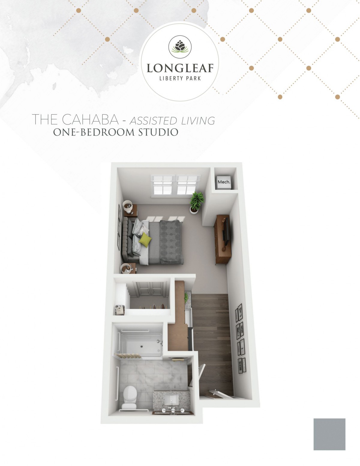 A top-down view of a one-bedroom studio apartment floor plan.