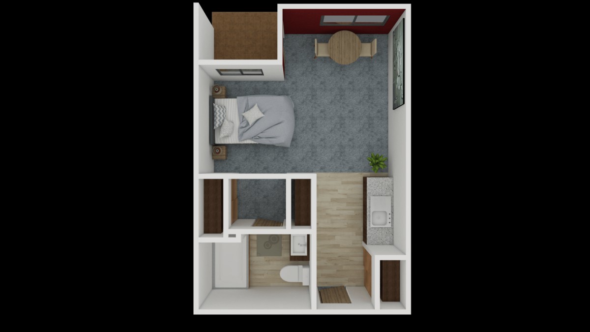 A compact one-bedroom apartment floor plan featuring a living area, kitchen, bathroom, and sleeping area.