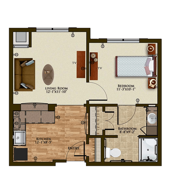A floor plan of a one-bedroom apartment featuring a living room, kitchen, and bathroom.
