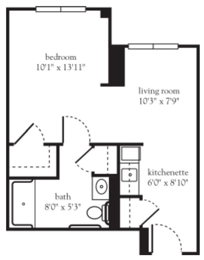 A floor plan of a small apartment featuring a bedroom, living room, kitchenette, and bathroom.