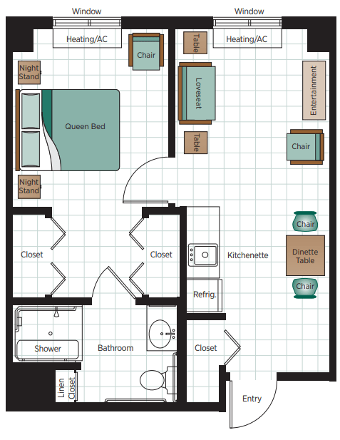 A floor plan illustrating a one-bedroom apartment with a living room, kitchen, and bathroom.