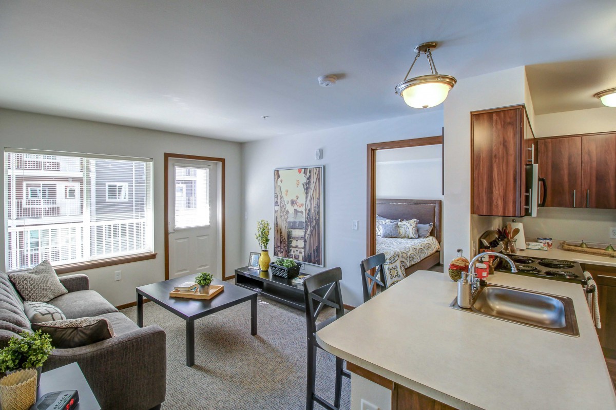 A cozy and modern apartment living room with an open layout, featuring comfortable seating and stylish decor.