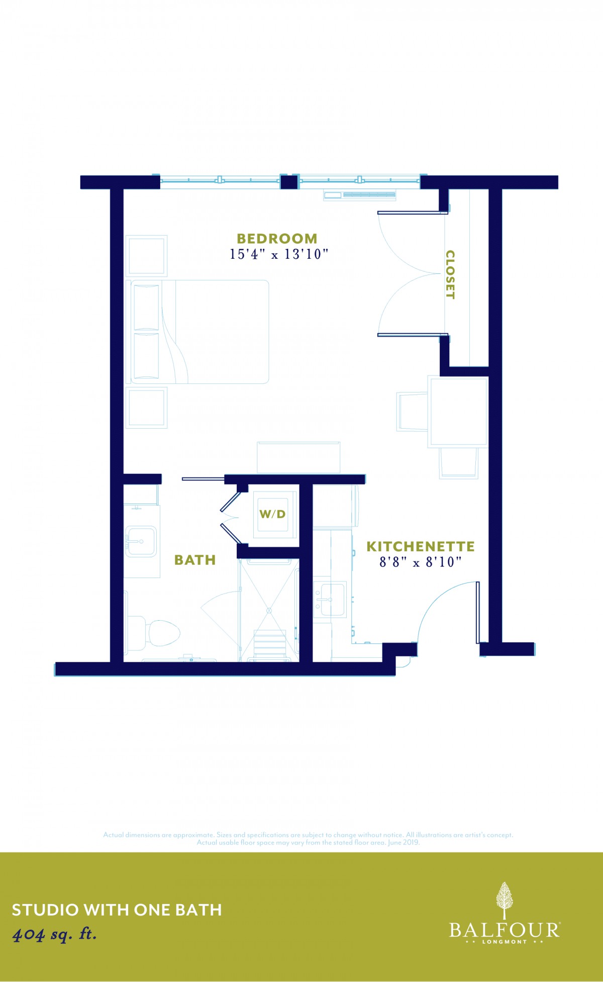 A floor plan of an apartment featuring a bedroom, kitchenette, and bathroom.