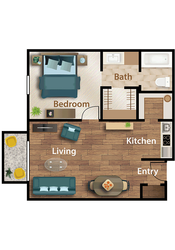 A floor plan of a one-bedroom apartment featuring a living room, kitchen, bathroom, bedroom, and balcony.