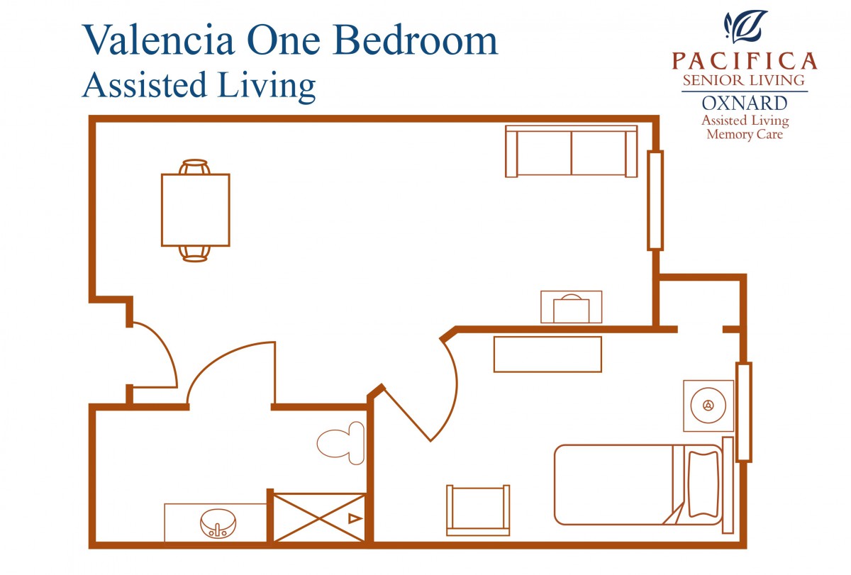 Floor plan of a Valencia one-bedroom assisted living apartment.
