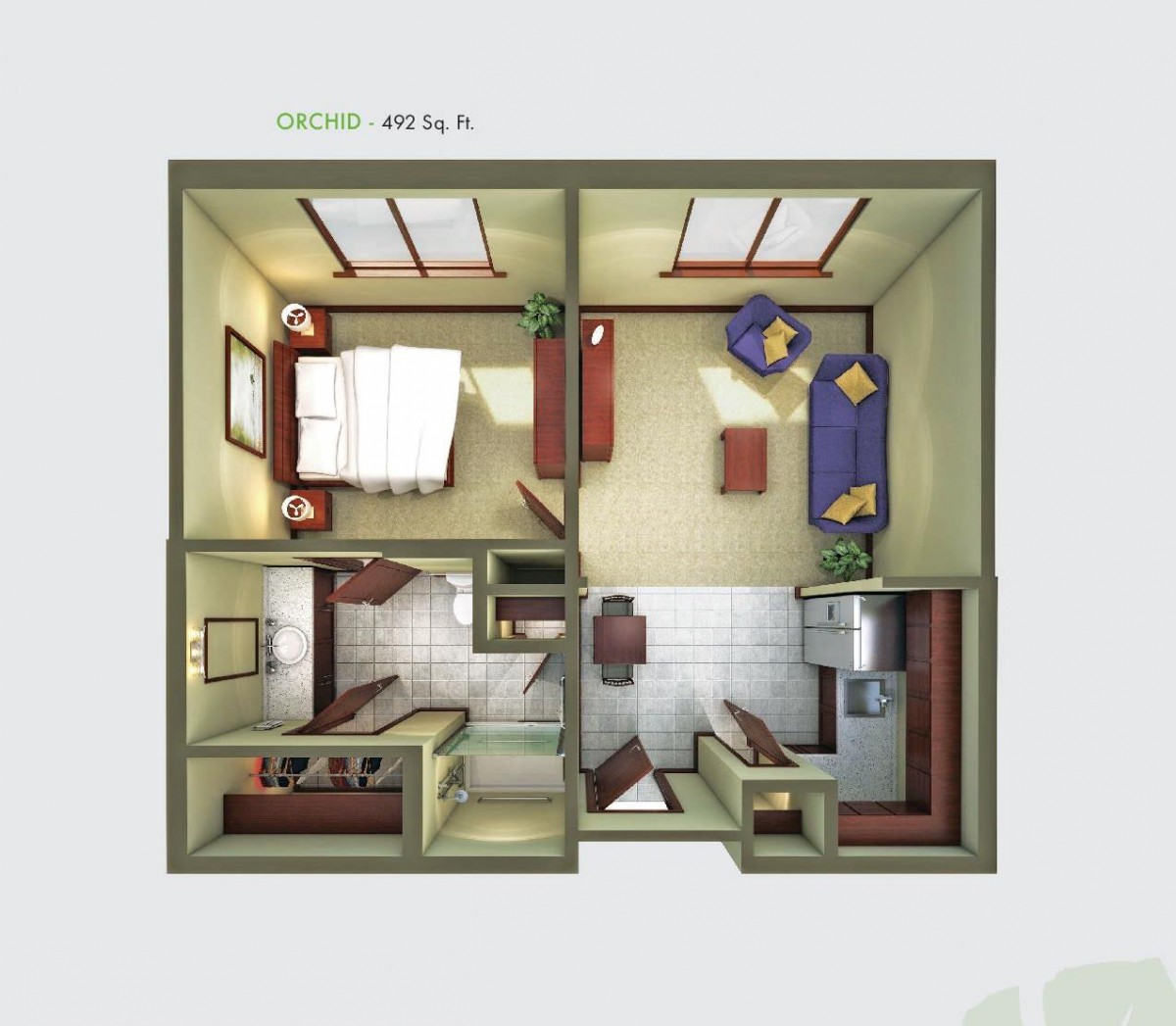 A compact one-bedroom apartment floor plan with a living room, kitchen, and bathroom.
