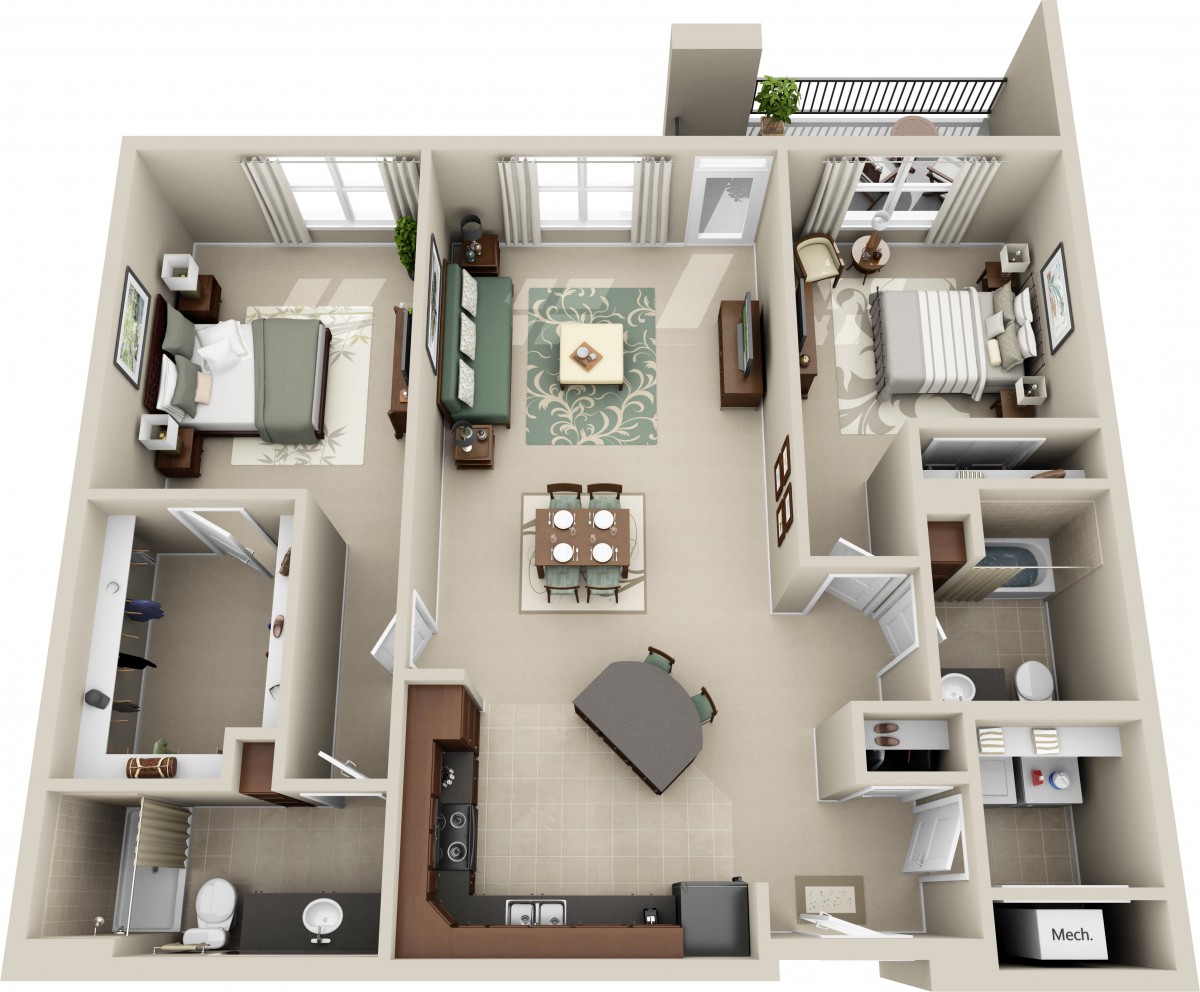 3D floor plan of a modern apartment with two bedrooms, a living area, and a kitchen.