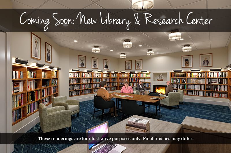 Illustrative rendering of a new library and research center, featuring a comfortable reading area with shelves of books.