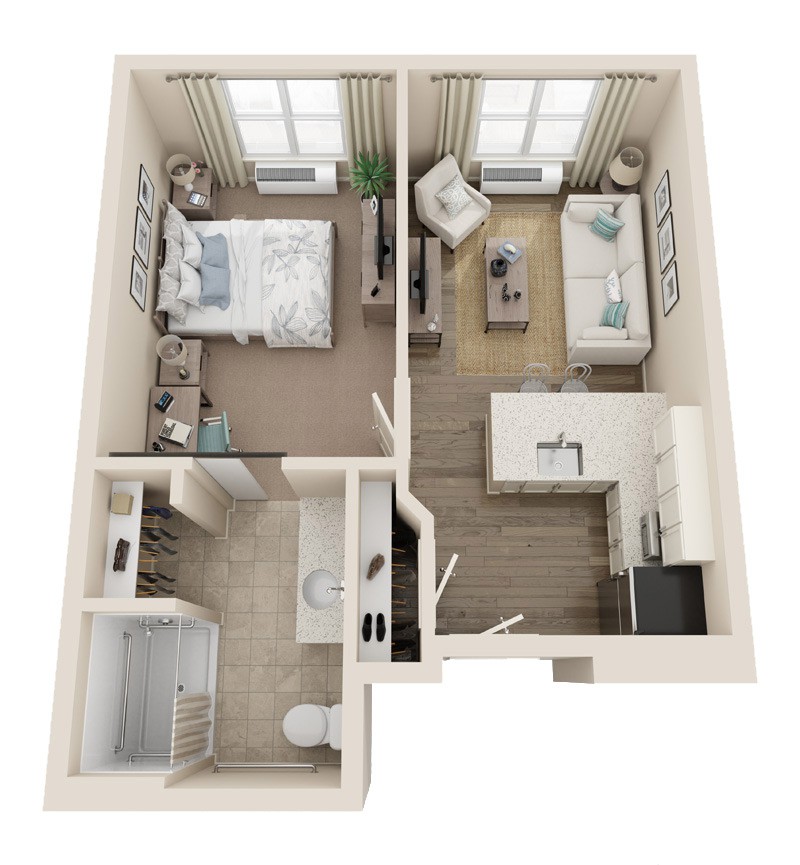 Top-down view of a one-bedroom apartment floor plan.