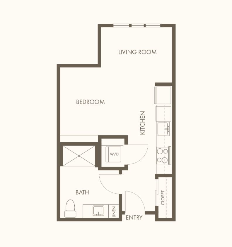 A floor plan of a studio apartment featuring a bedroom, kitchen, bathroom, and living space.