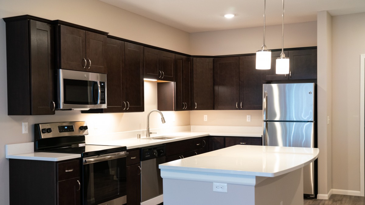 A modern kitchen with dark cabinets and stainless steel appliances.