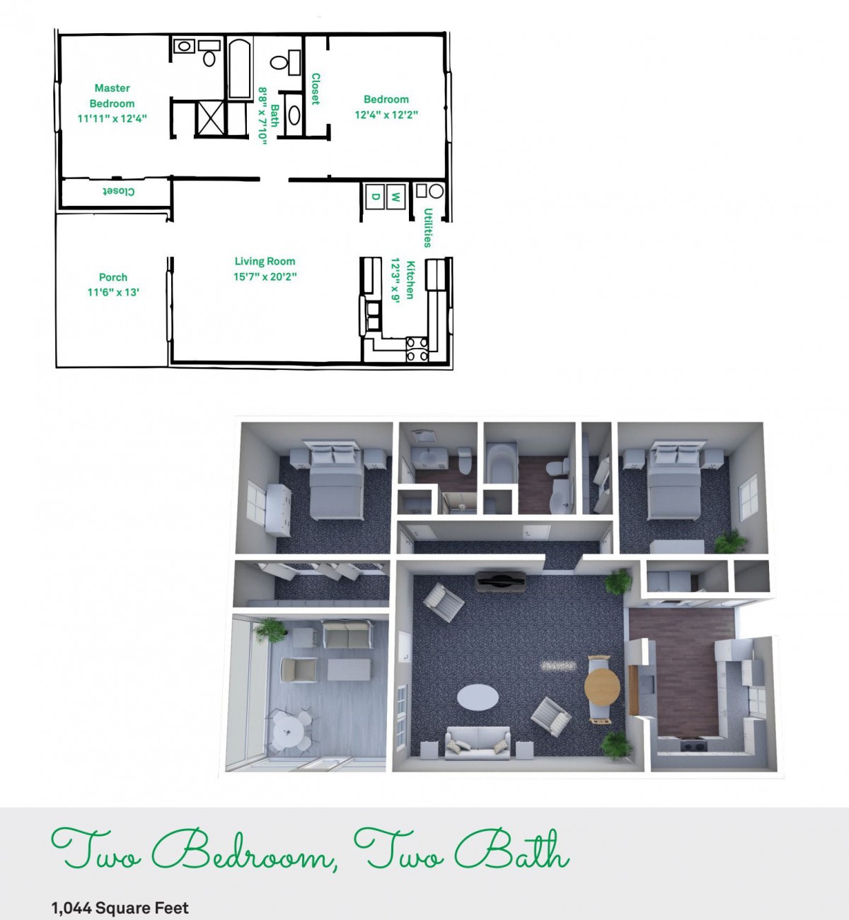 Two Bedroom, Two Bathroom Apartment Layout with 3D Rendering