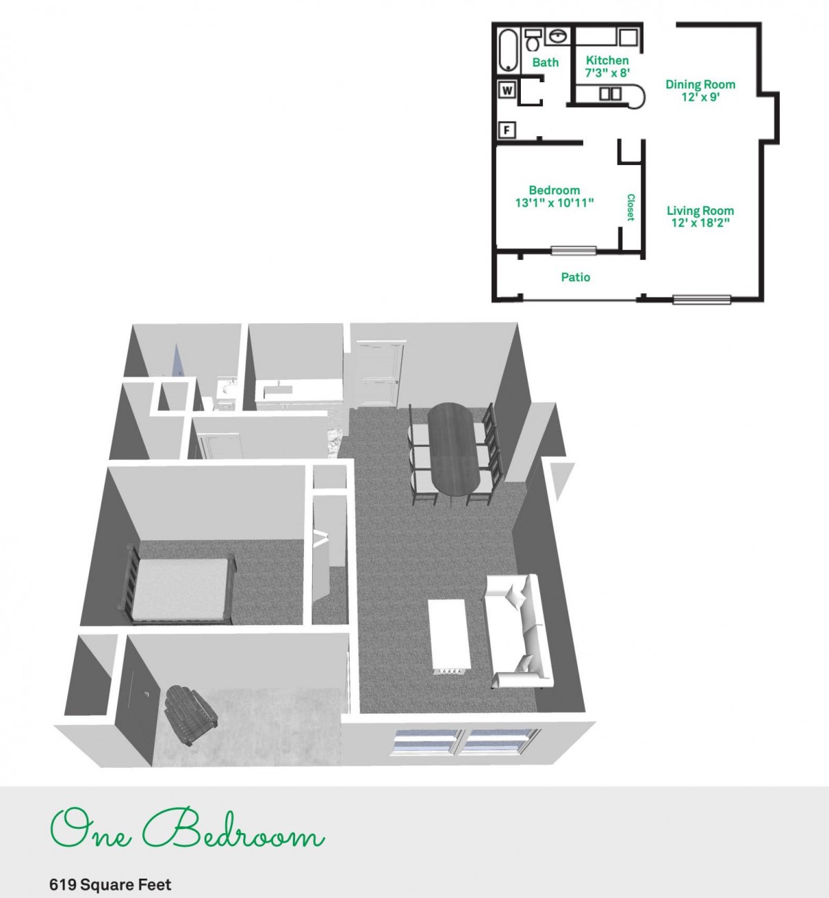 3D floor plan of a one-bedroom apartment layout.