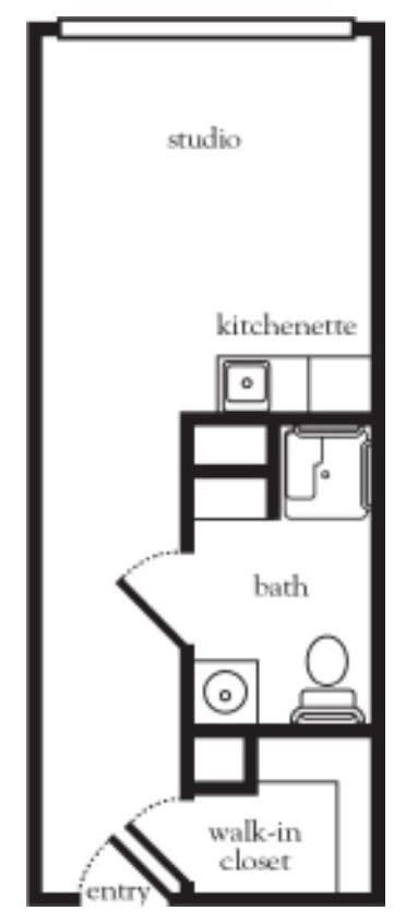 A simple floor plan of a studio apartment featuring a kitchenette and bathroom.