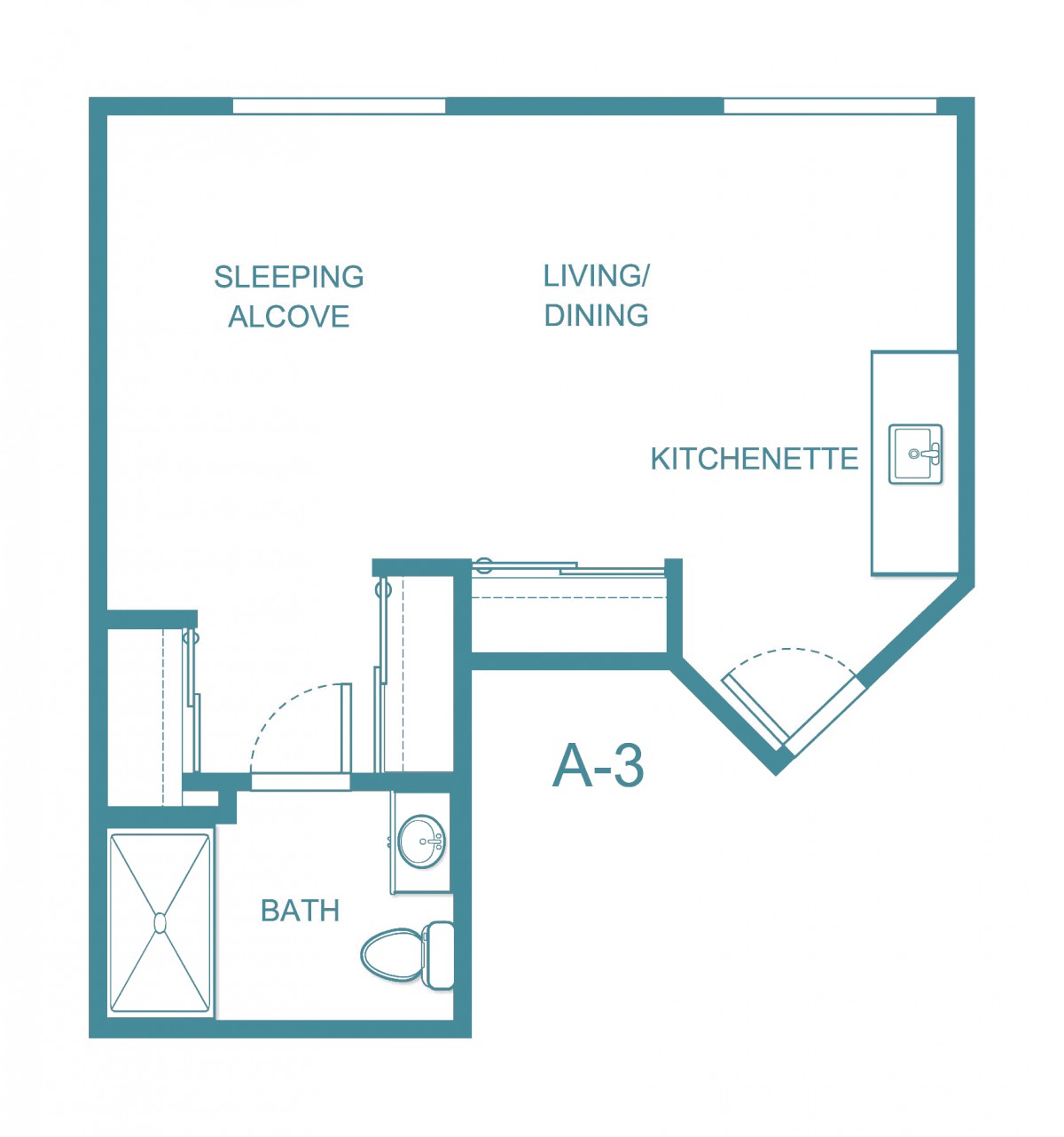 Studio apartment floor plan with sleeping alcove and kitchenette.
