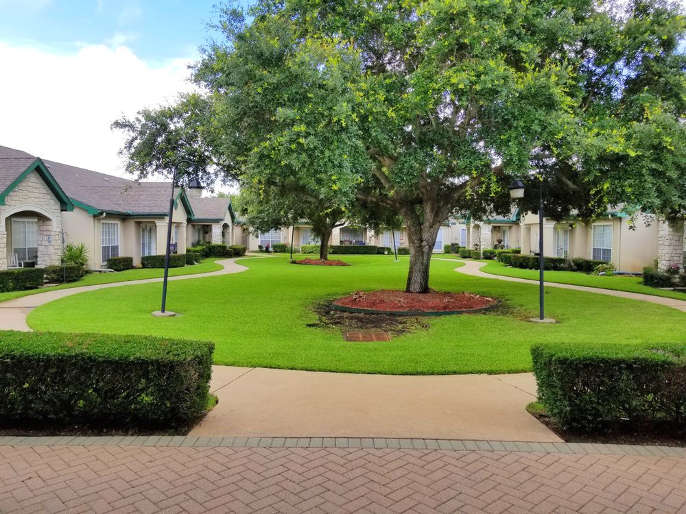 A serene courtyard with well-maintained grass and trees, surrounded by buildings.