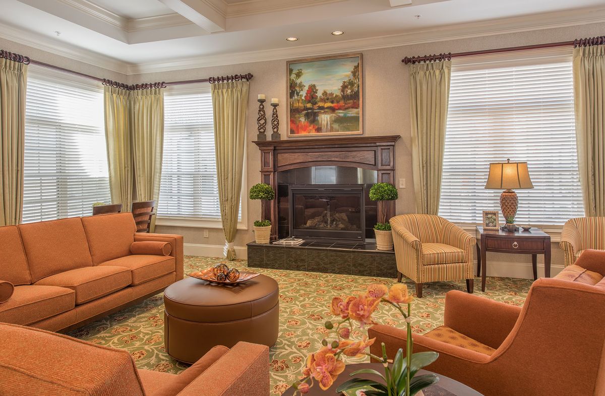 A cozy living room with warm-toned furniture and a fireplace, complemented by elegant curtains and tasteful artwork.