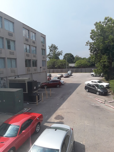 A view of a parking lot adjacent to a building, featuring various vehicles and greenery.