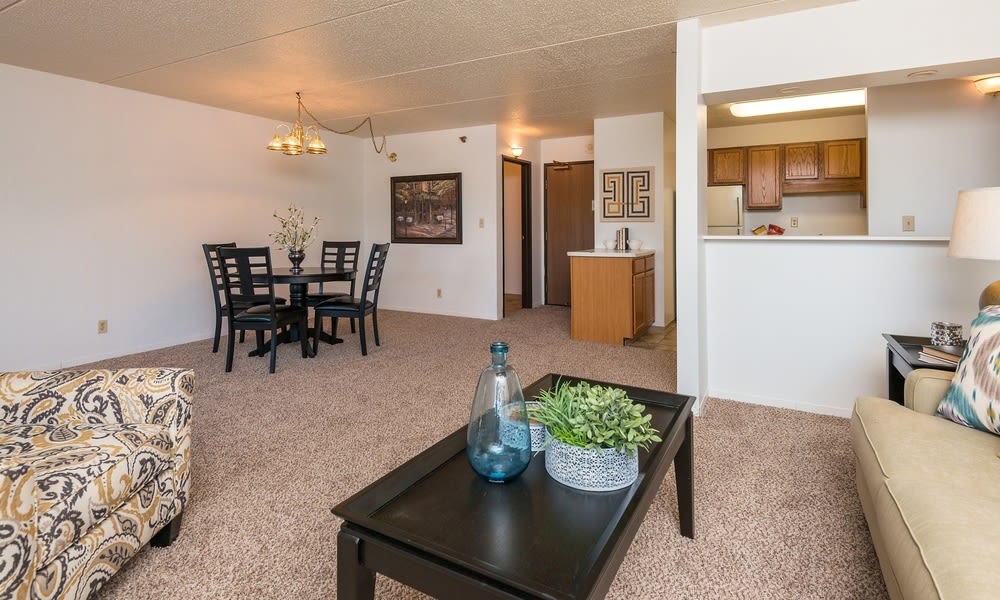 A cozy apartment interior featuring a combined living and dining area with modern furnishings.