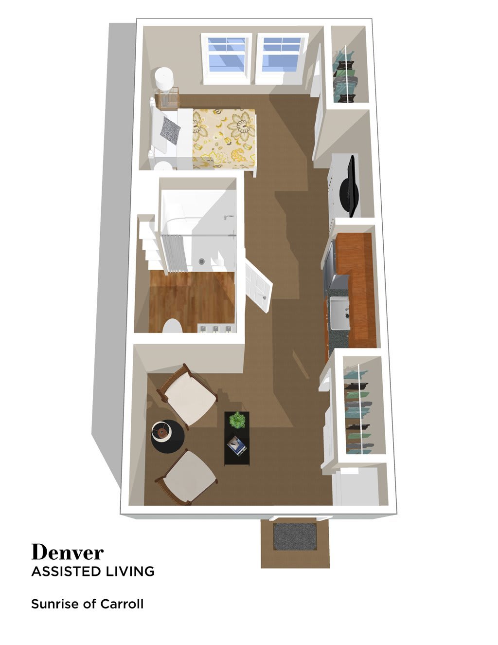 3D floor plan of a compact apartment layout with a living area, kitchen, bedroom, and bathroom.