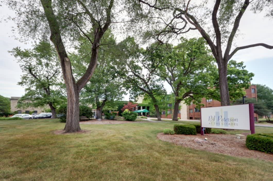 A serene outdoor area with lush green trees and a building in the background.