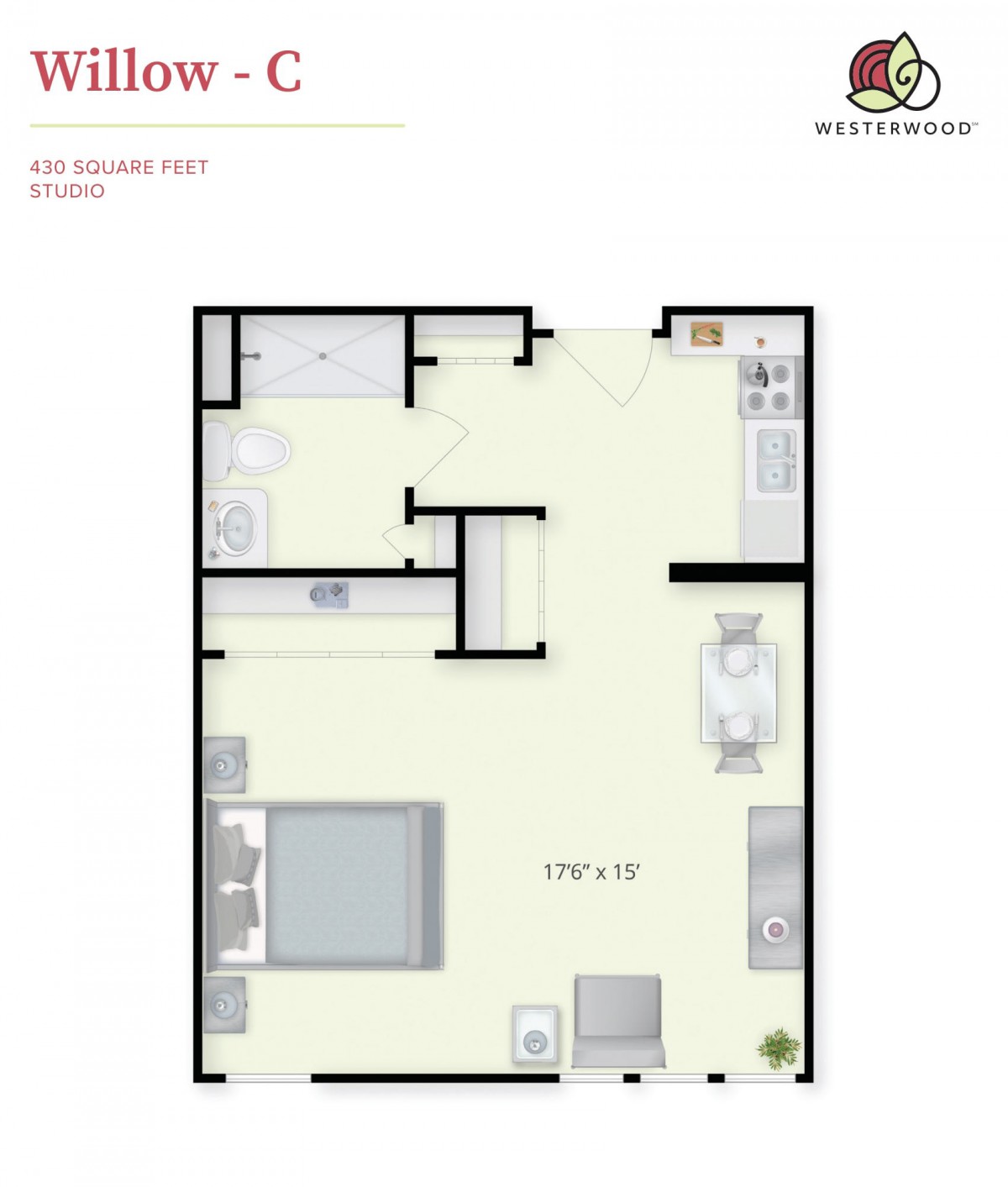 A one-bedroom apartment floor plan with a living room, kitchen, and bathroom.