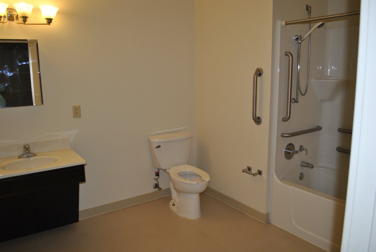 An accessible bathroom with a toilet, sink, and shower equipped with grab bars.