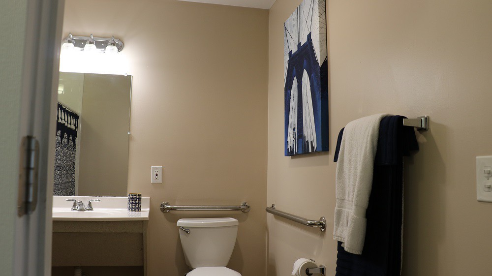 A bathroom with a toilet, sink, mirror, and artwork on the wall.