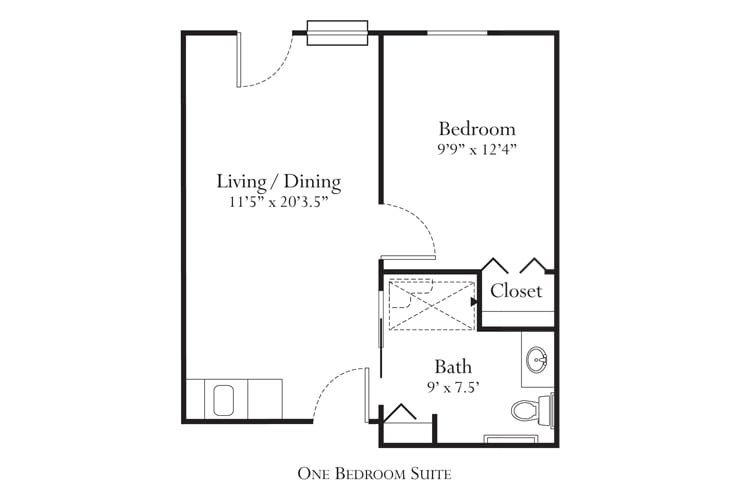 One-bedroom suite floor plan with living/dining area, bedroom, bath, and closet.