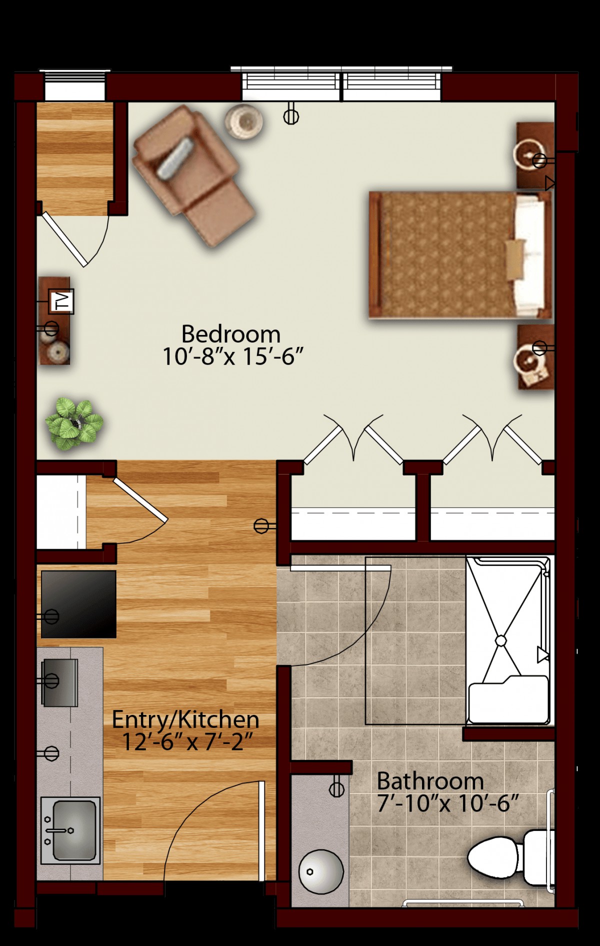 A detailed floor plan depicting a bedroom layout with an entry/kitchen area.
