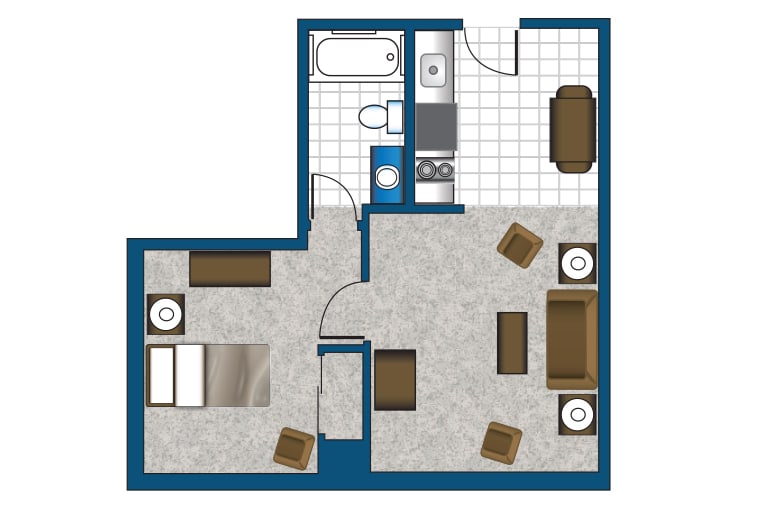 A compact apartment floor plan featuring a bedroom, bathroom, kitchen, and living area.