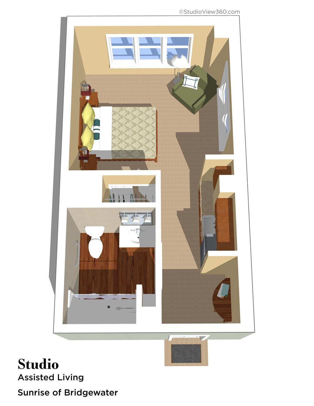 A 3D floor plan illustration depicting a one-bedroom apartment with an attached bathroom and living area.