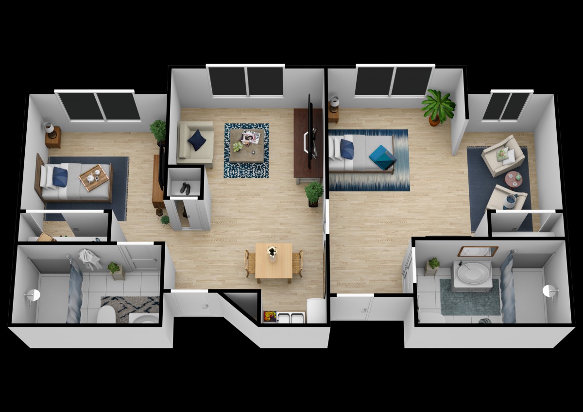 A 3D floor plan of a modern apartment with a living room, bedroom, bathroom, and kitchen.