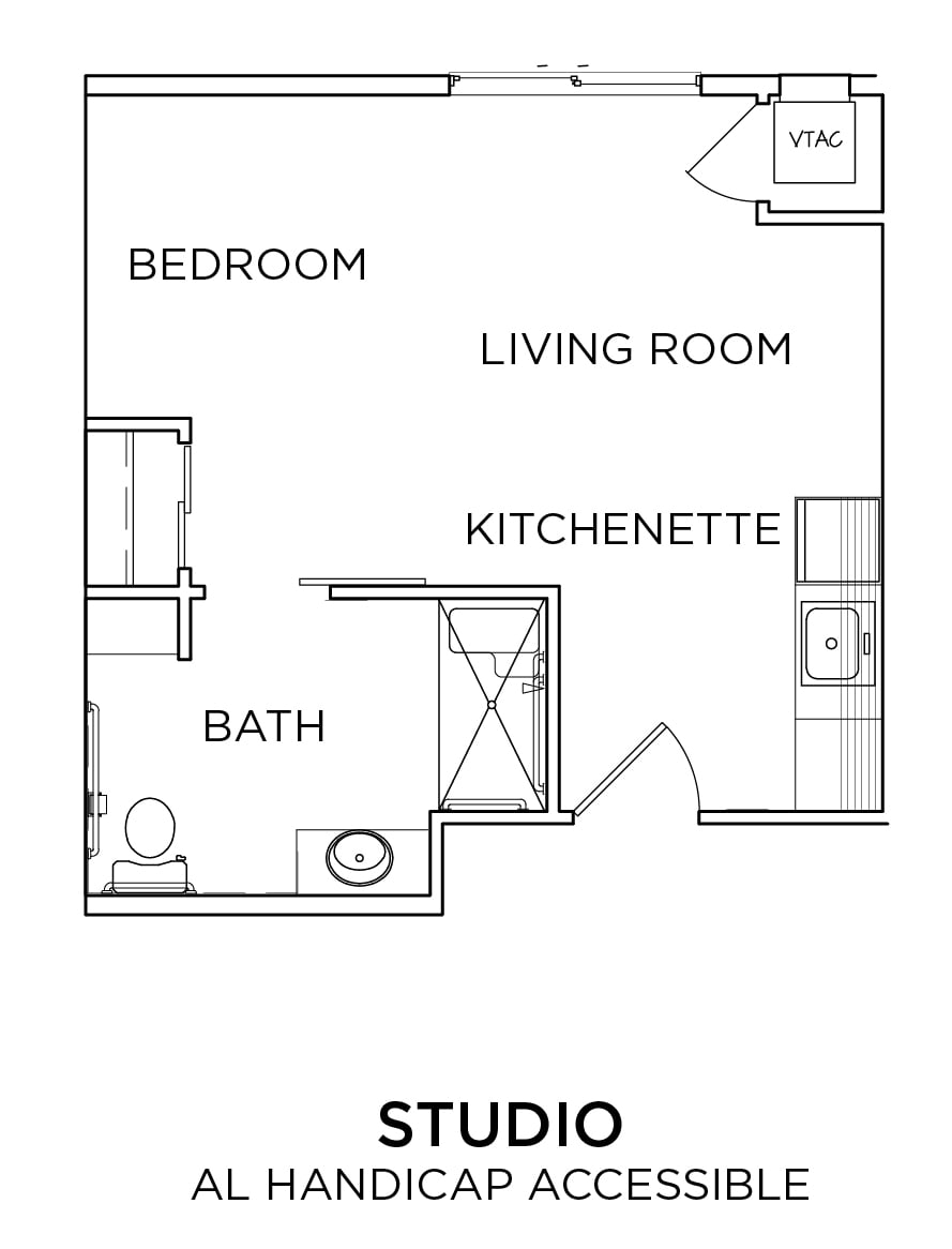 A simple floor plan featuring a bedroom, living room, kitchenette, and bathroom.