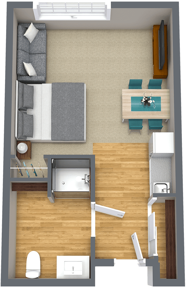 A 3D floor plan of a compact apartment featuring a bedroom, living and dining area, and bathroom.