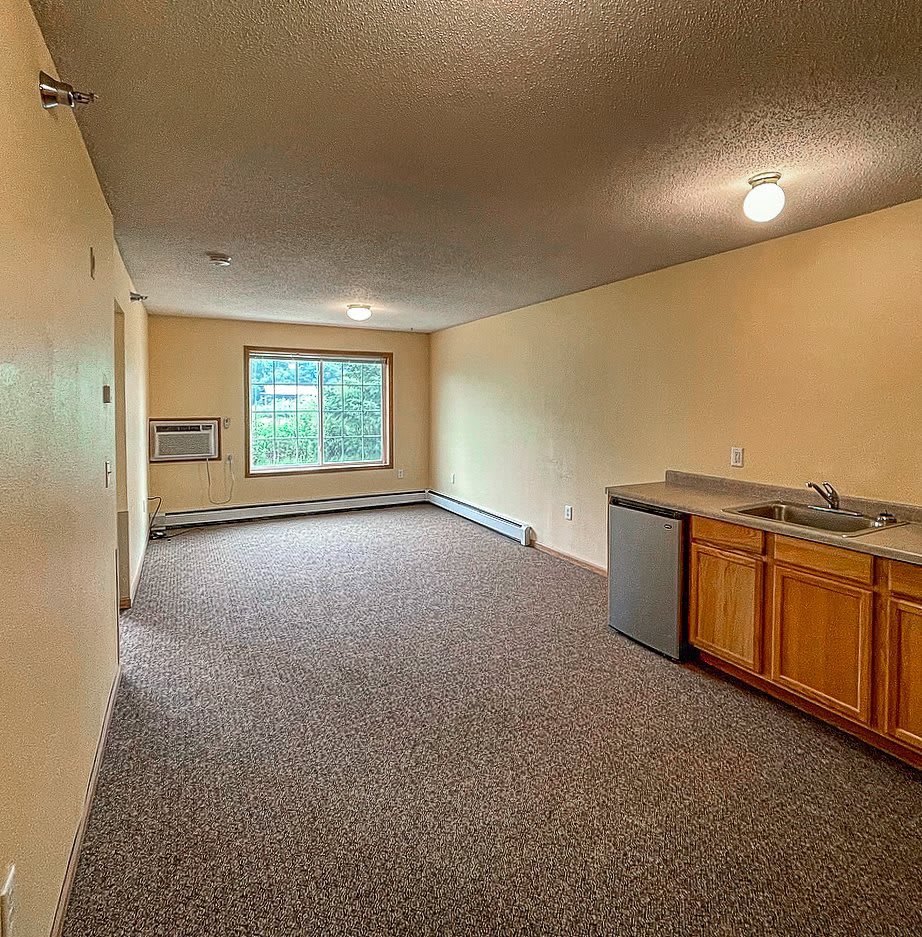 An empty room with a kitchenette and large window.