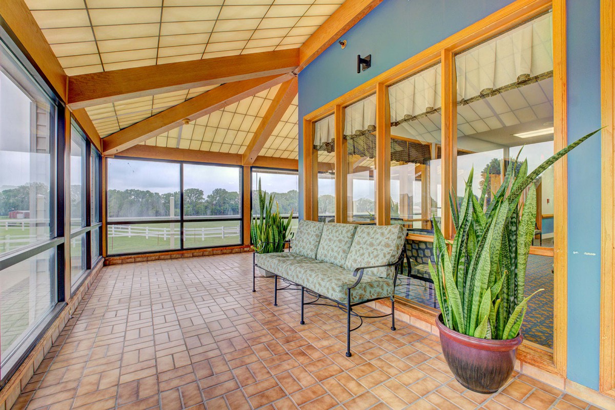 A spacious sunroom with large windows, featuring a comfortable bench and potted plants.