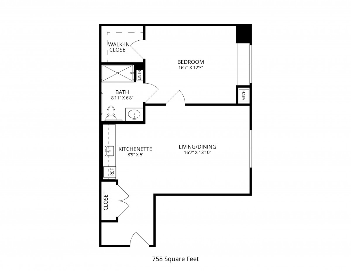 Floor plan of a one-bedroom apartment with specified dimensions.