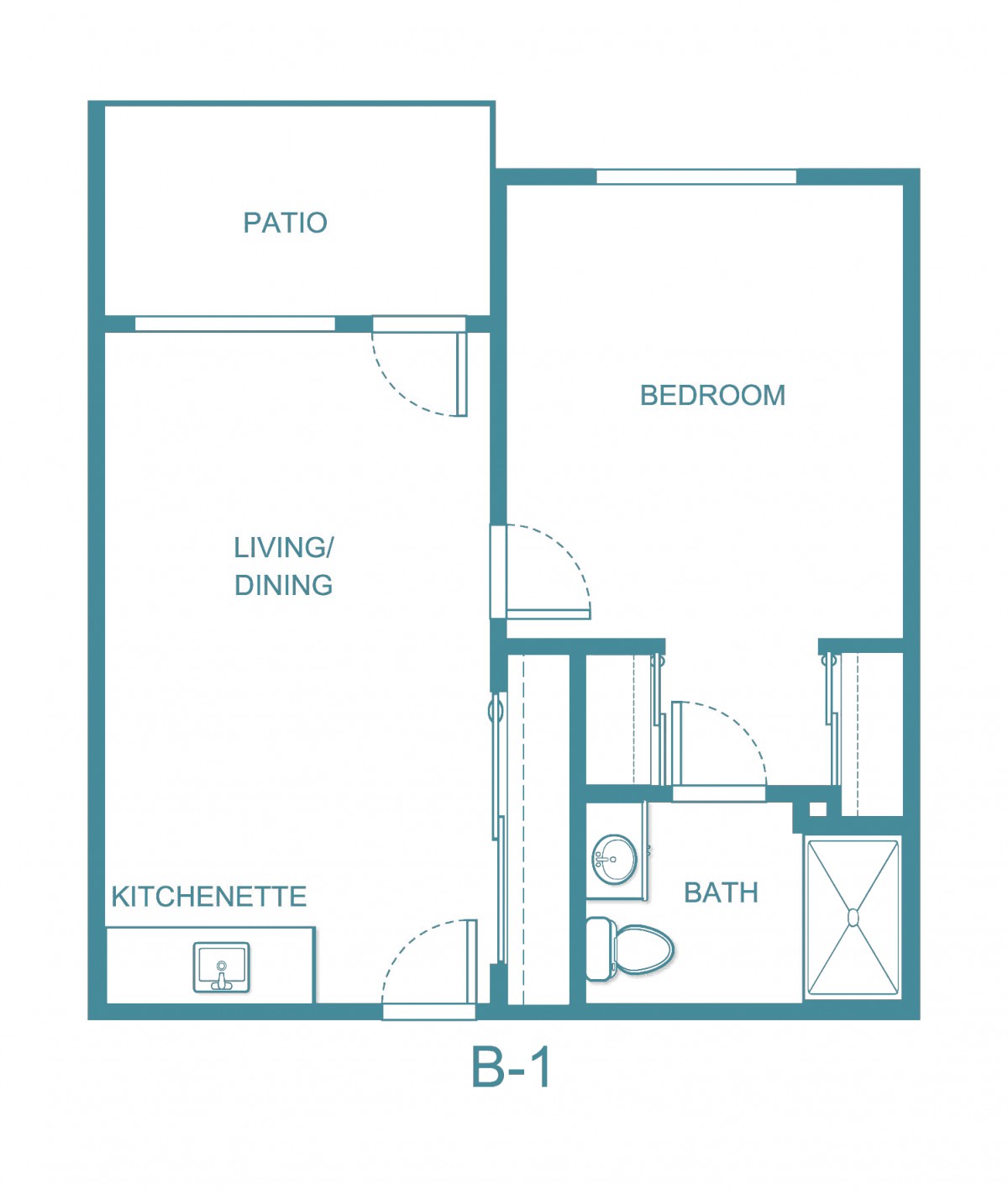 A floor plan of a one-bedroom apartment featuring a patio, living/dining area, kitchenette, and bathroom.