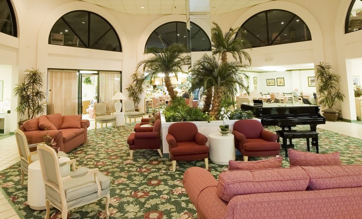 A luxurious lounge with elegant furniture and lush indoor plants.