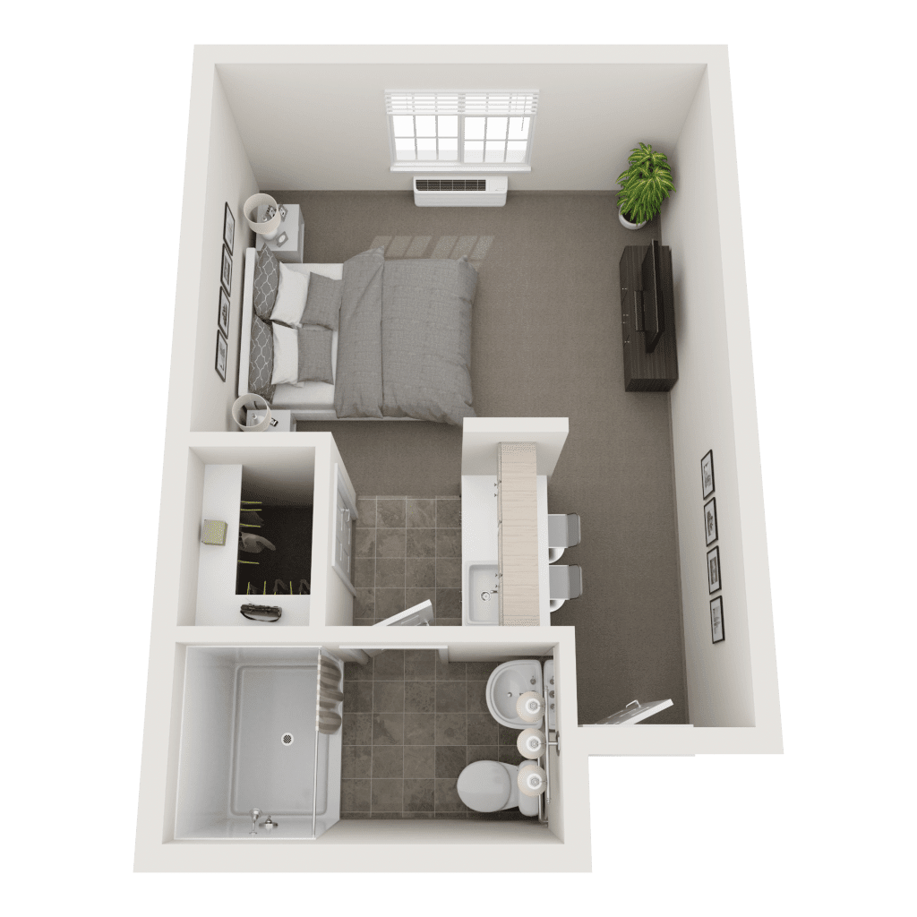 3D rendering of a studio apartment floor plan.